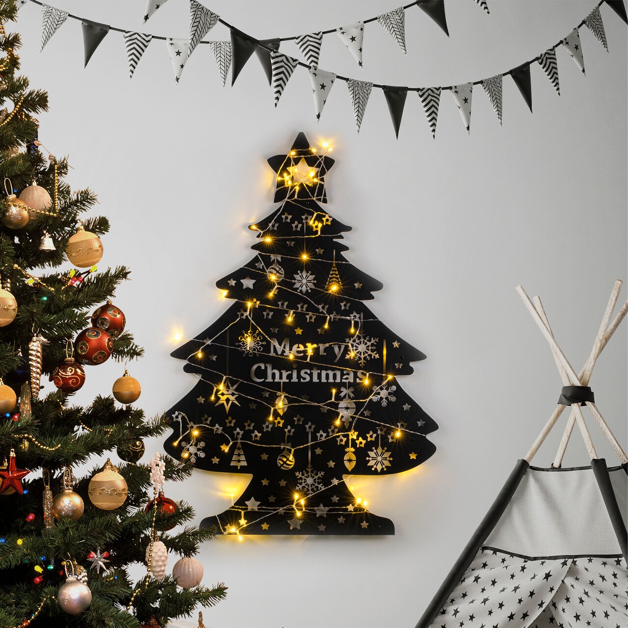 Decoratiune luminoasa de perete Christmas Tree, Tanelorn, 70x100 cm, metal, cu baterii, negru - imagine 7